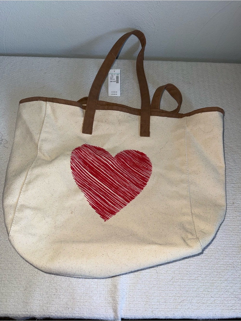 Maurices Canvas Tote with Red Heart and Brown Trim
